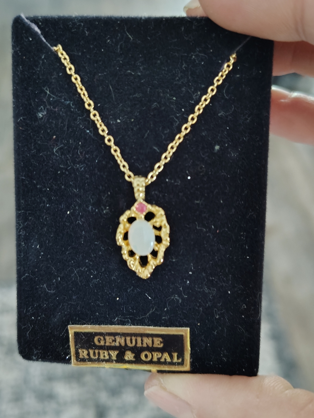 Gold-Tone Opal and Ruby Filigree Pendant Necklace